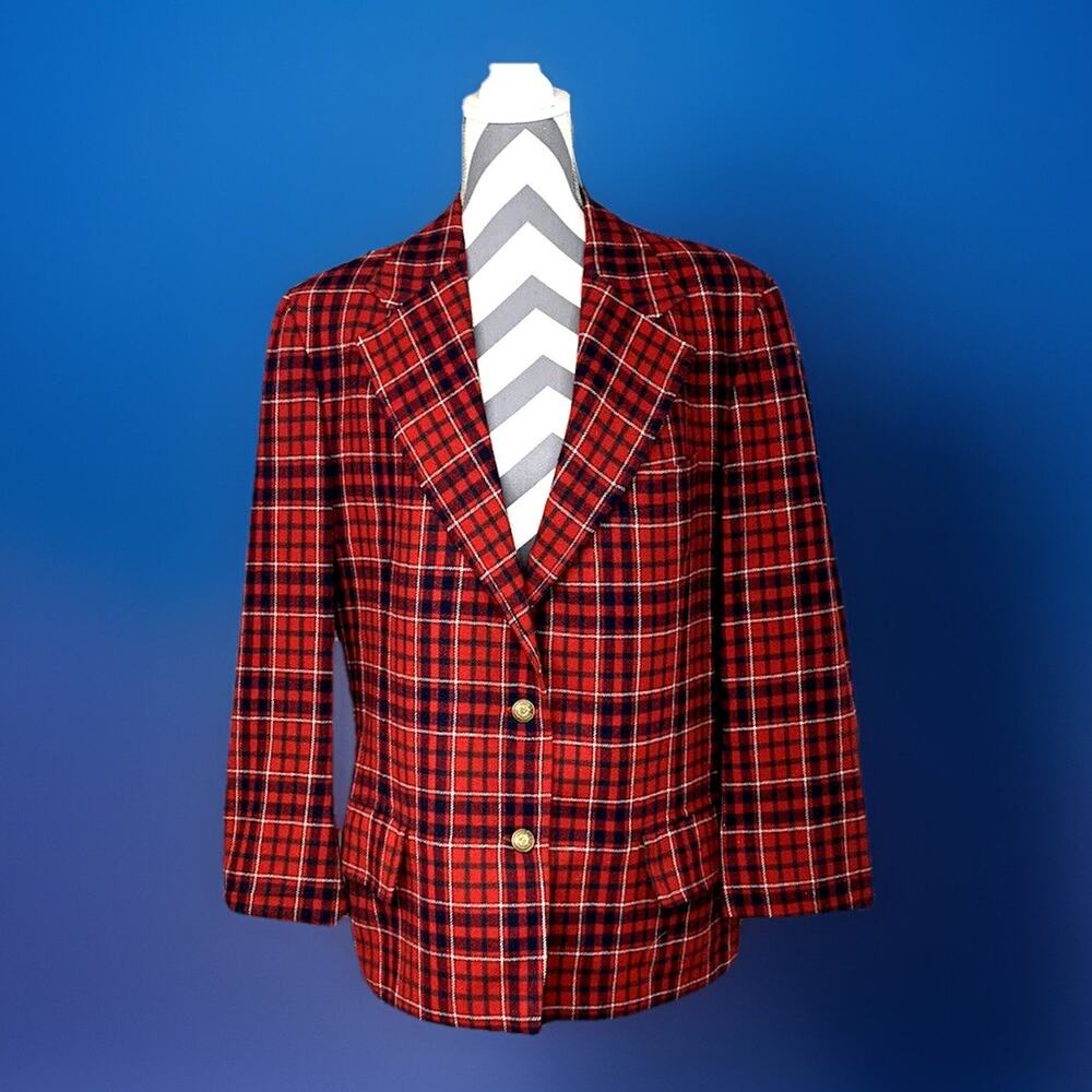 Vtg Pendleton Red Plaid Blazer Women’s L Metal Buttons